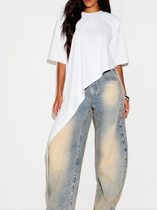 MODA ME COUTURE Tops - White Casual Women's Oversized Asymmetric Shoulder Pad High-Low Hem T-Shirt